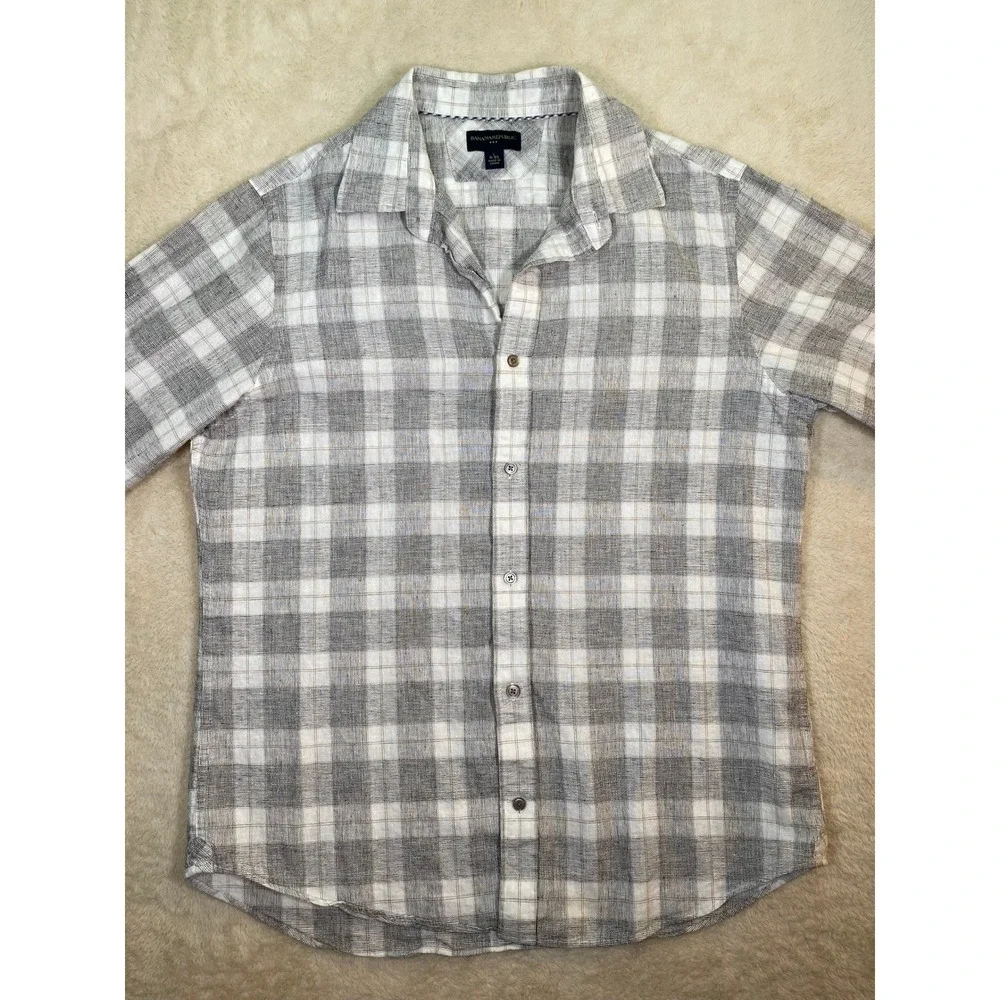 Banana Republic Mens Grey White Plaid Linen Cotton Button Down Shirt L 16-16.5